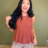 Flared Ribbed Knit Sweater Tank Top - Rust