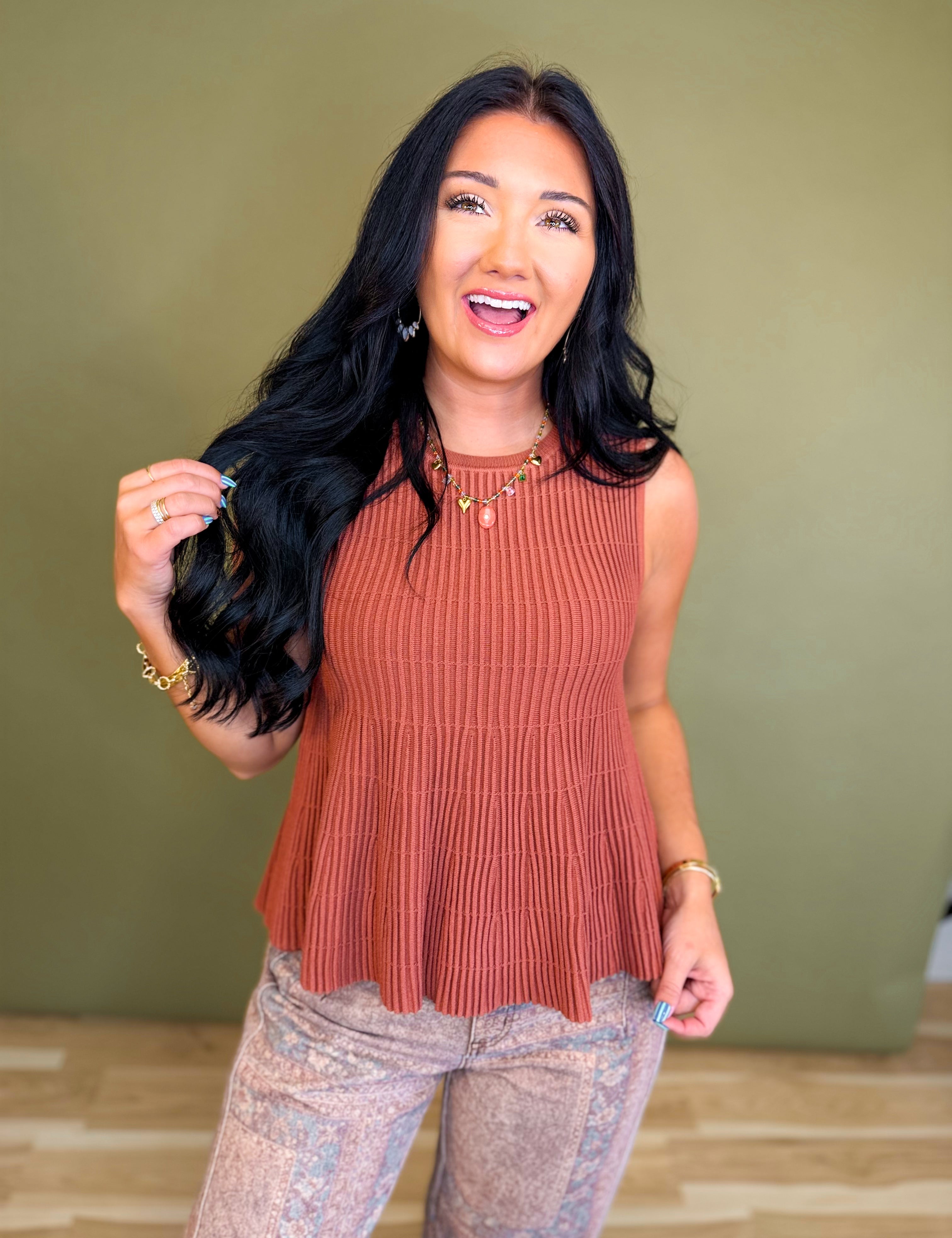 Flared Ribbed Knit Sweater Tank Top - Rust - Lace and Grace Boutique