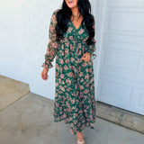 Delicate Floral Print Tiered Button Down Maxi Dress - Eucalyptus