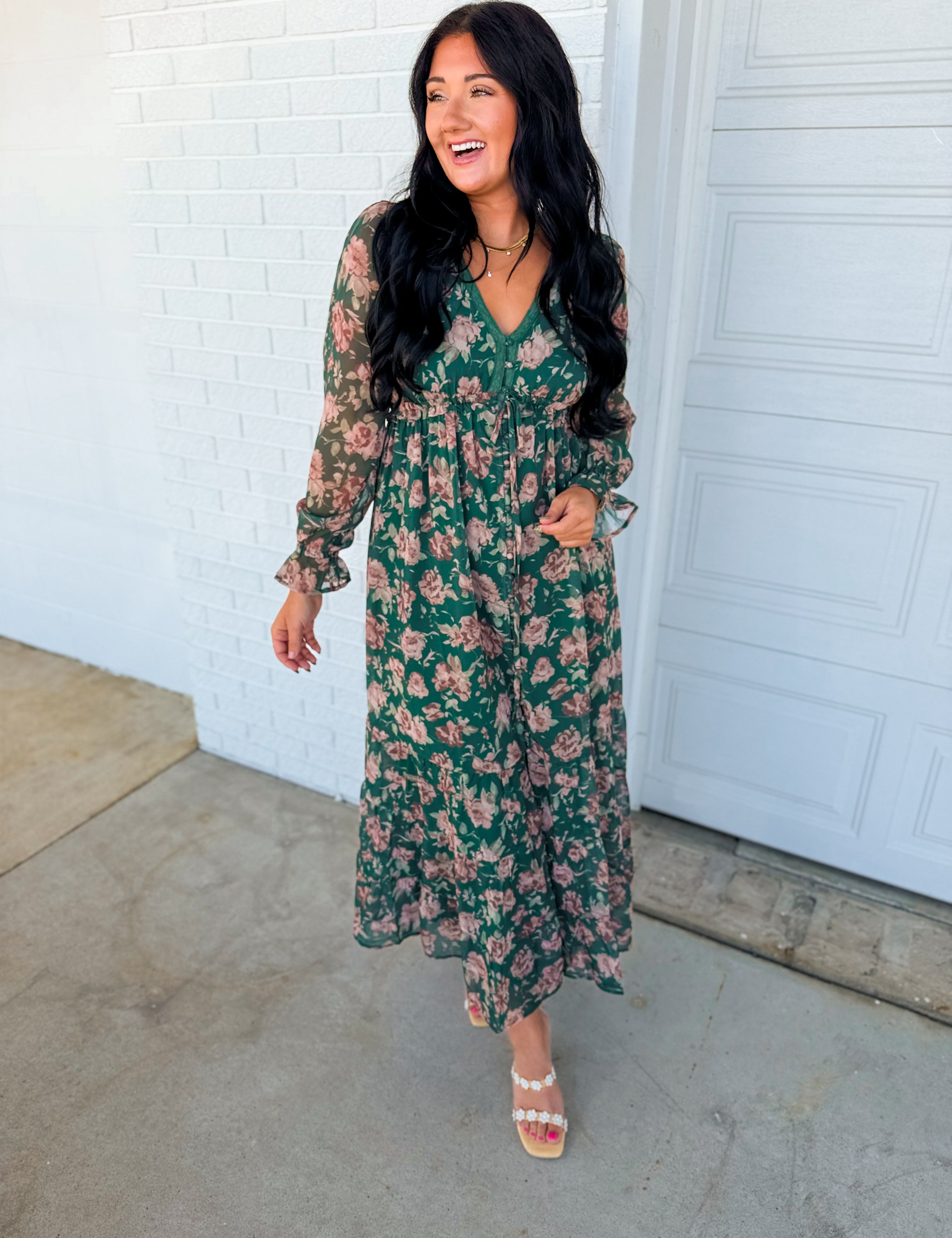 Delicate Floral Print Tiered Button Down Maxi Dress - Eucalyptus - Lace and Grace Boutique