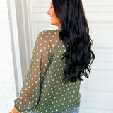 Polka Dot Tie Neck Chiffon Blouse - Dark Sage