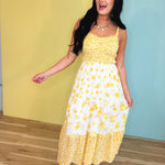 Strap Tied Smocked Mixed Print Midi Dress - Yellow Bell Mix - Lace and Grace Boutique