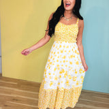 Strap Tied Smocked Mixed Print Midi Dress - Yellow Bell Mix - Lace and Grace Boutique