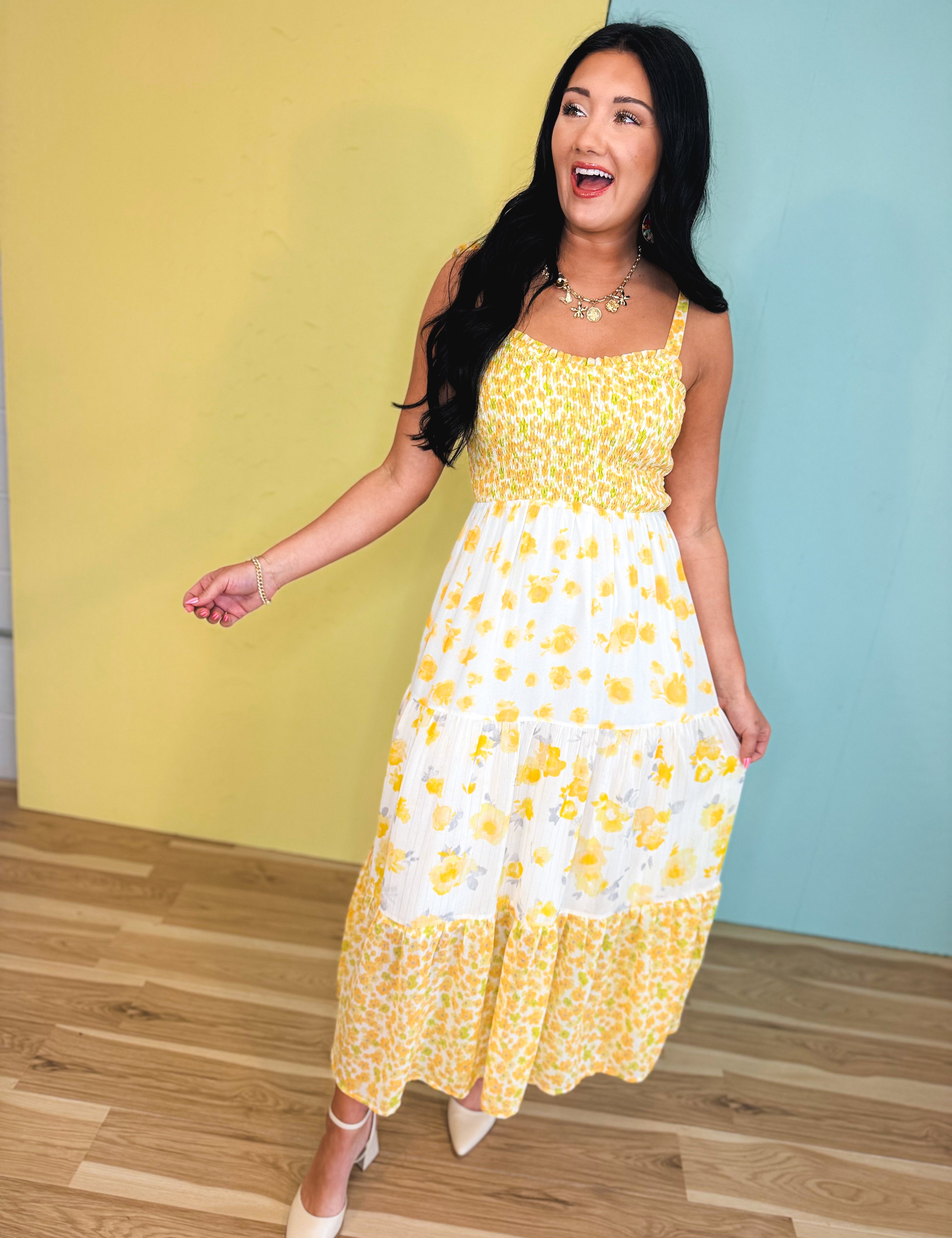 Strap Tied Smocked Mixed Print Midi Dress - Yellow Bell Mix - Lace and Grace Boutique
