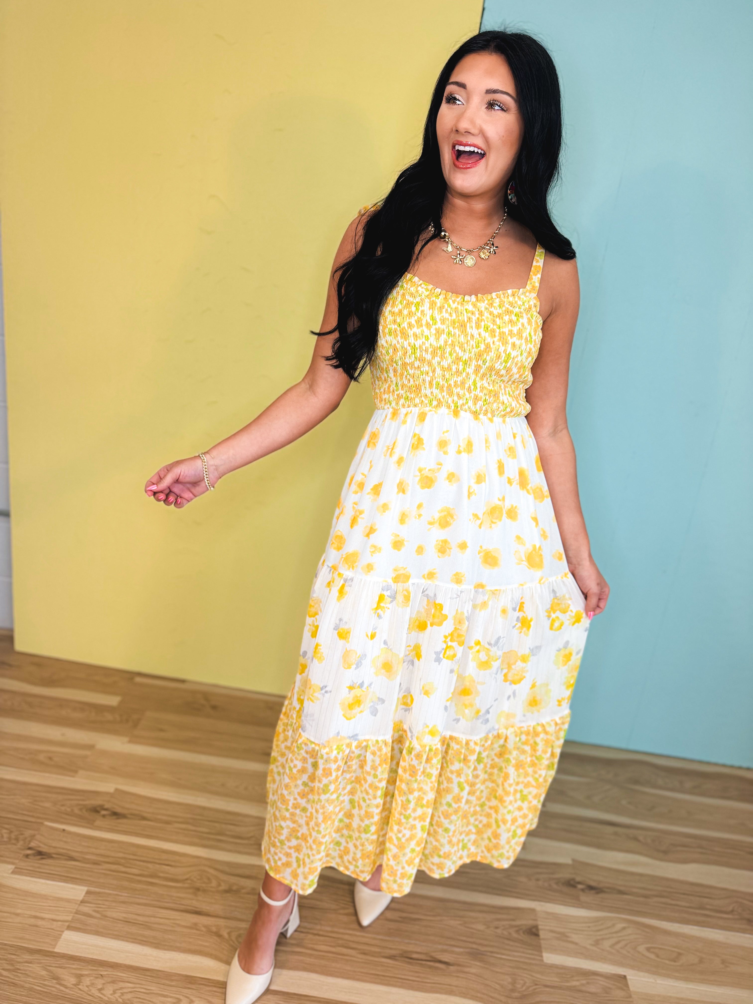 Strap Tied Smocked Mixed Print Midi Dress - Yellow Bell Mix - Lace and Grace Boutique