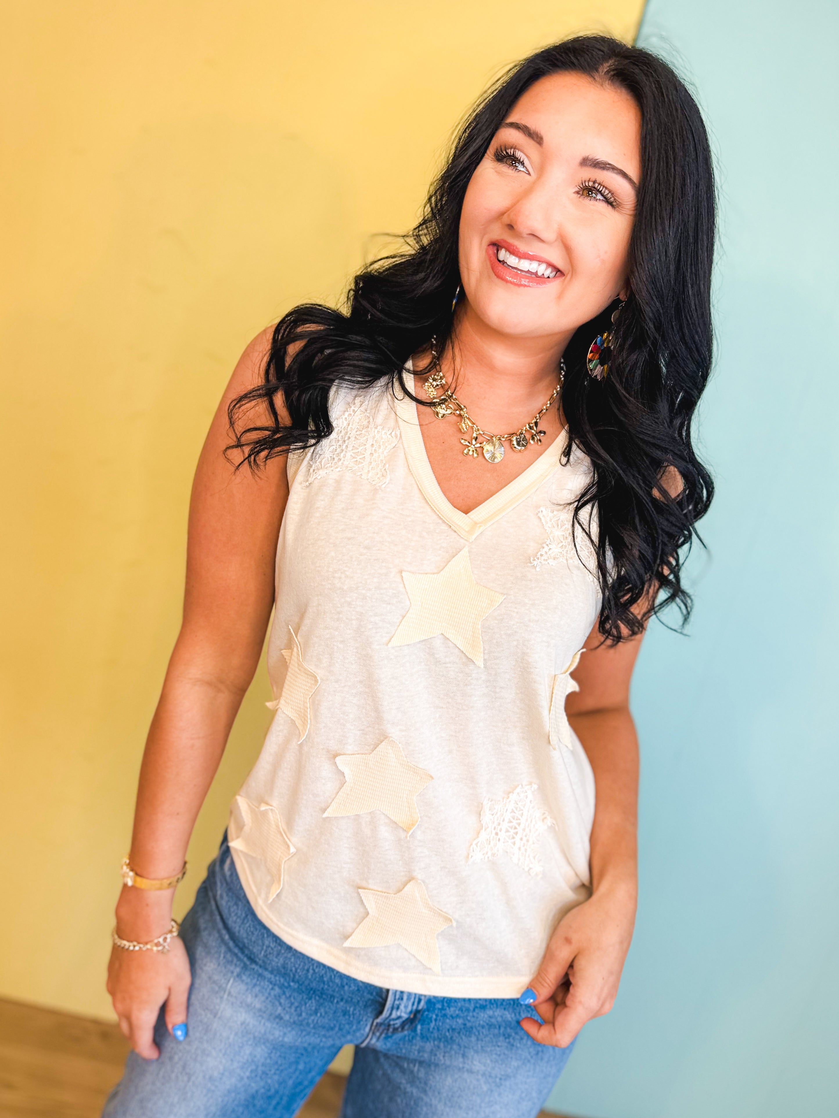POL Star Patches V-Neck Tank Top - Cream - Lace and Grace Boutique
