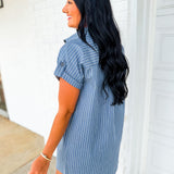 Striped Chambray Button Down Mini Dress - Denim Blue