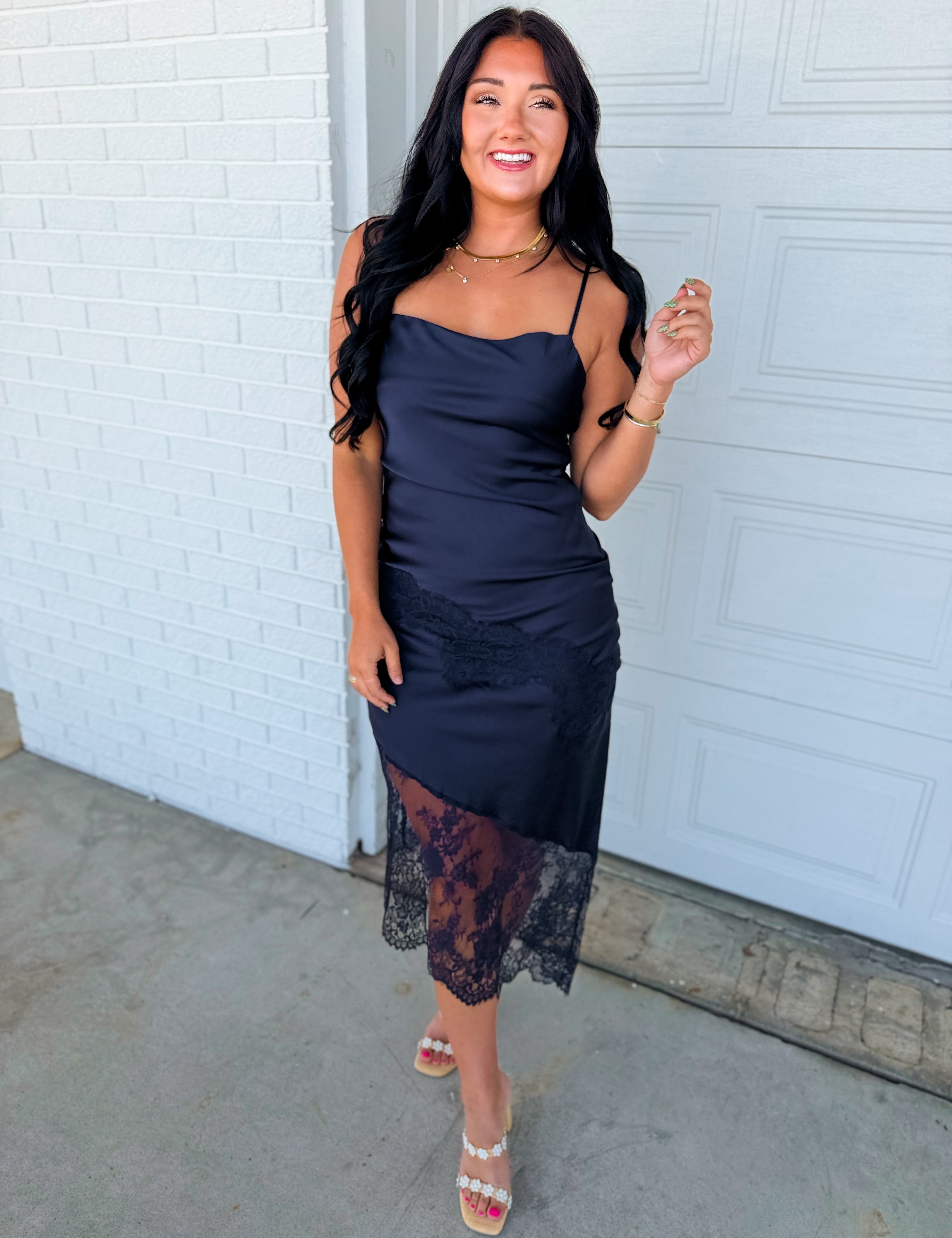 Asymmetrical Lace Trim Slip Midi Dress - Midnight Navy - Lace and Grace Boutique