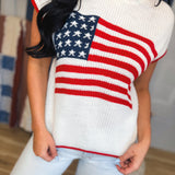 American Flag Short Sleeve Knit Pullover Top - Ivory/Red - Lace and Grace Boutique