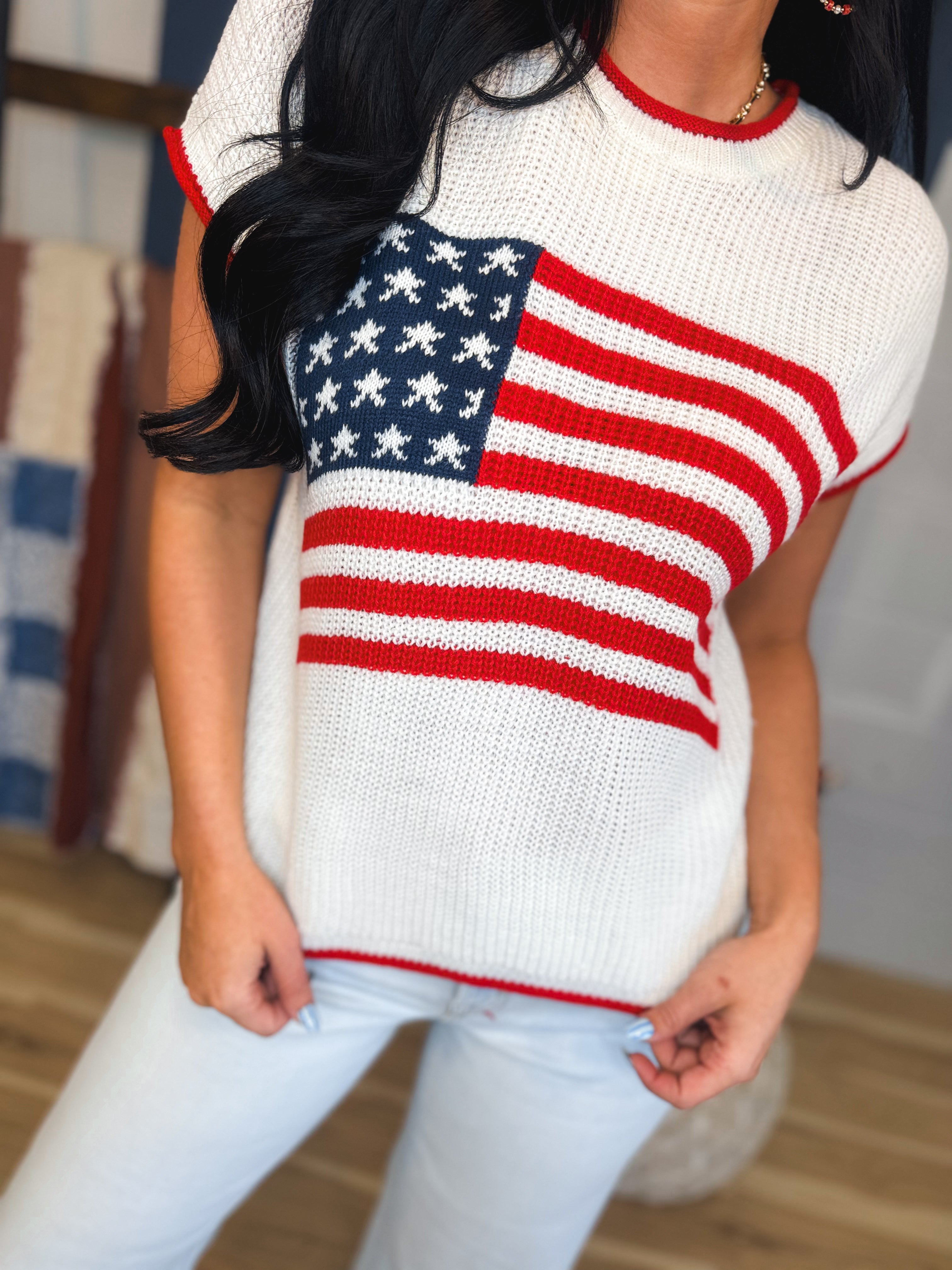 American Flag Short Sleeve Knit Pullover Top - Ivory/Red - Lace and Grace Boutique