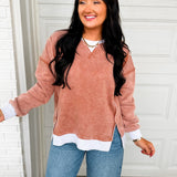 Fleece Acid Wash Contrast Trim Pullover - Rust