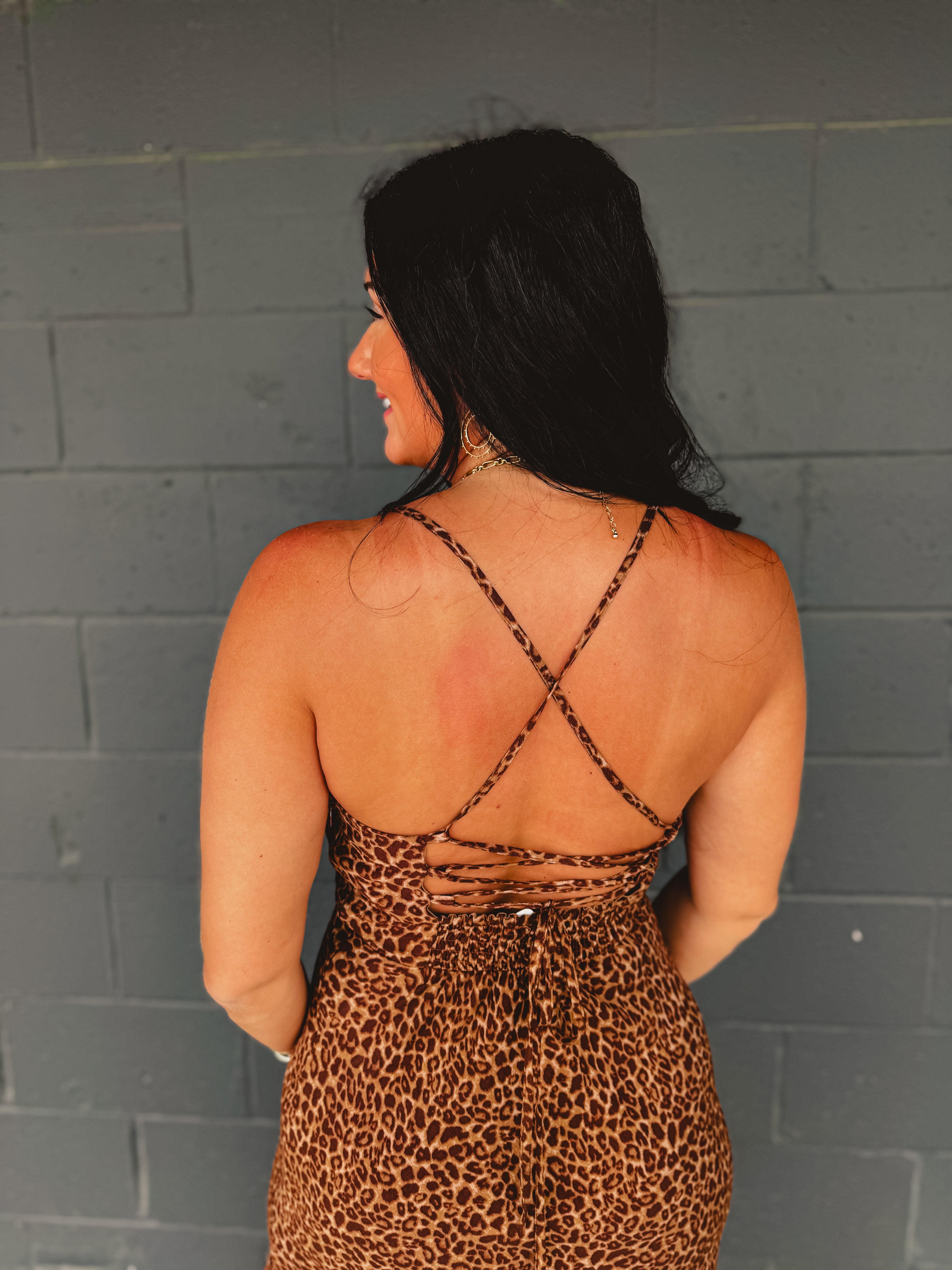 Leopard Print Criss Cross Maxi Dress - Mocha Mousse - Lace and Grace Boutique