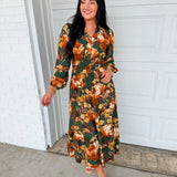 Smocked Floral Printed Long Sleeve Midi Dress - Green Multi