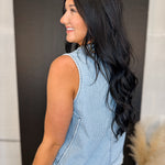 Striped V-Neck Button Down Tank Top - Light Denim - Lace and Grace Boutique