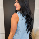 Striped V-Neck Button Down Tank Top - Light Denim - Lace and Grace Boutique