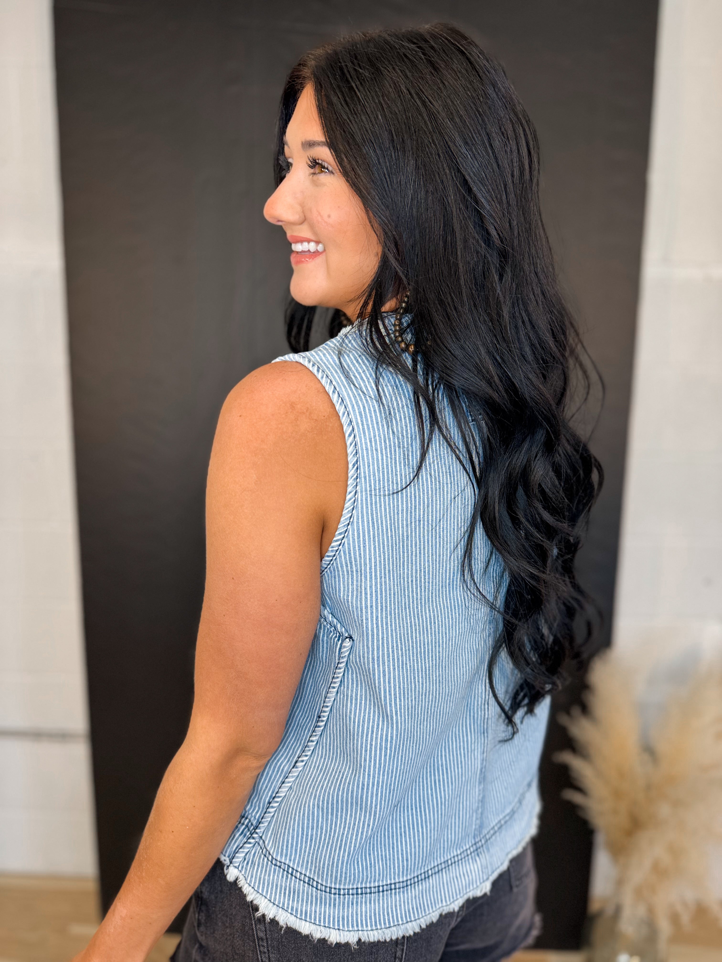 Striped V-Neck Button Down Tank Top - Light Denim - Lace and Grace Boutique