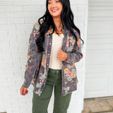 Washed Floral Print Button Up Top - Black