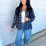 Plaid Patchwork Button Up Flannel Top - Navy