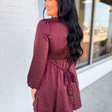 Abstract Dotted Long Sleeve Mini Dress - Mauve Wine
