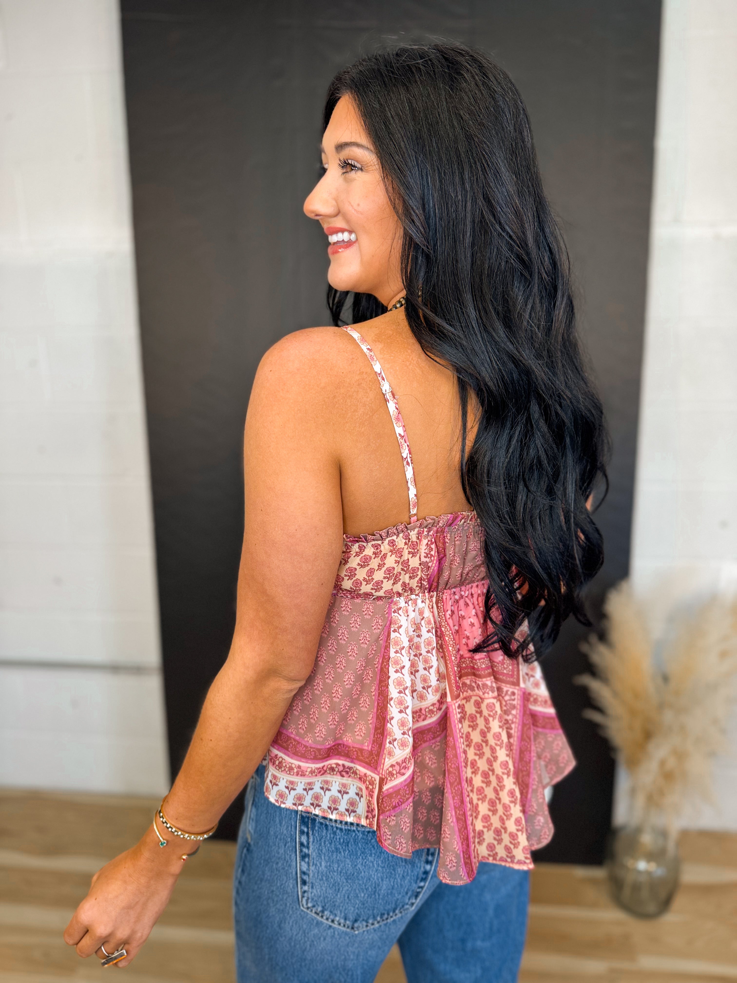Boho Patchwork Printed Tank Top - Pink Combo - Lace and Grace Boutique