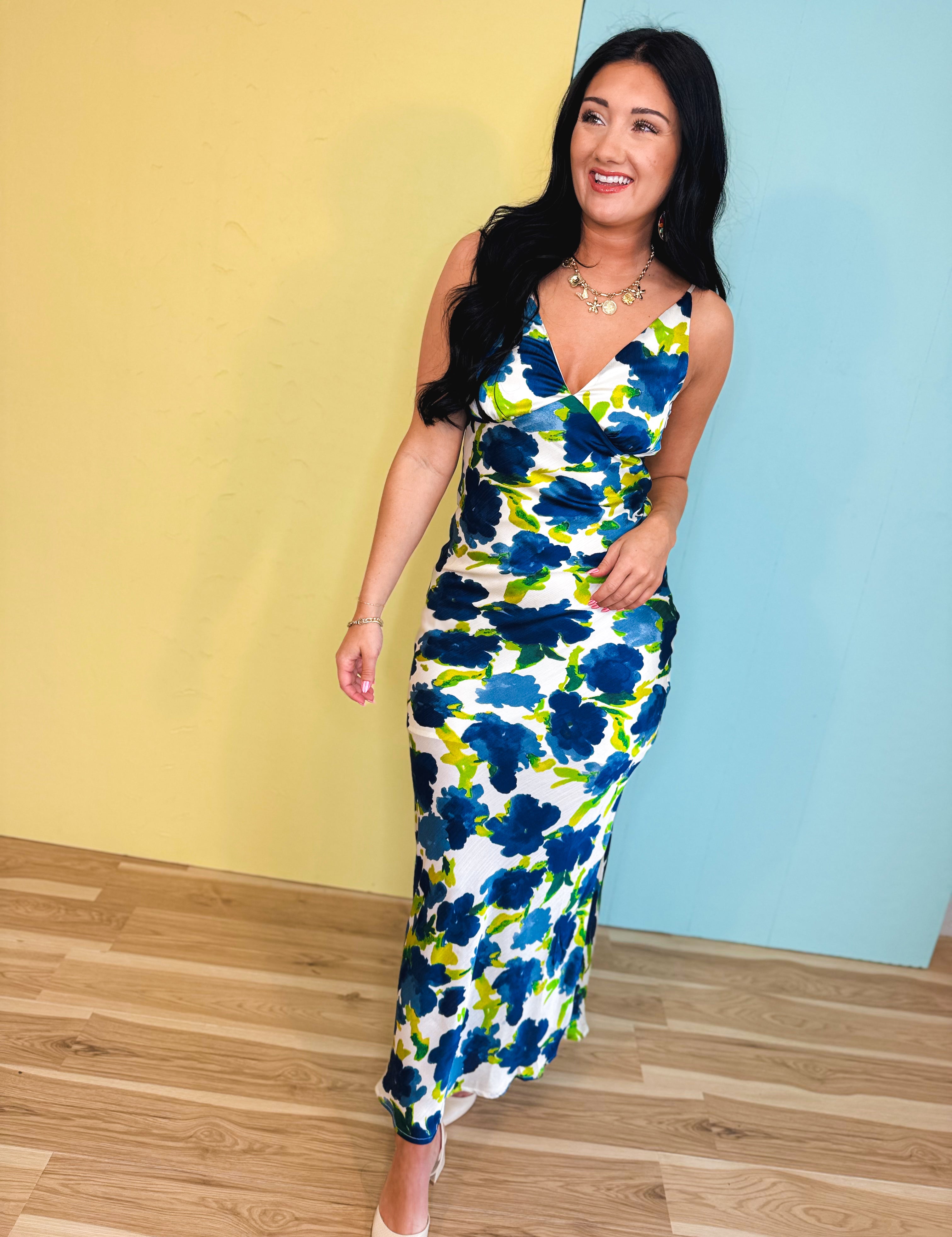 Floral Print Bias-Cut Textured V-Neck Maxi Dress - Blue - Lace and Grace Boutique