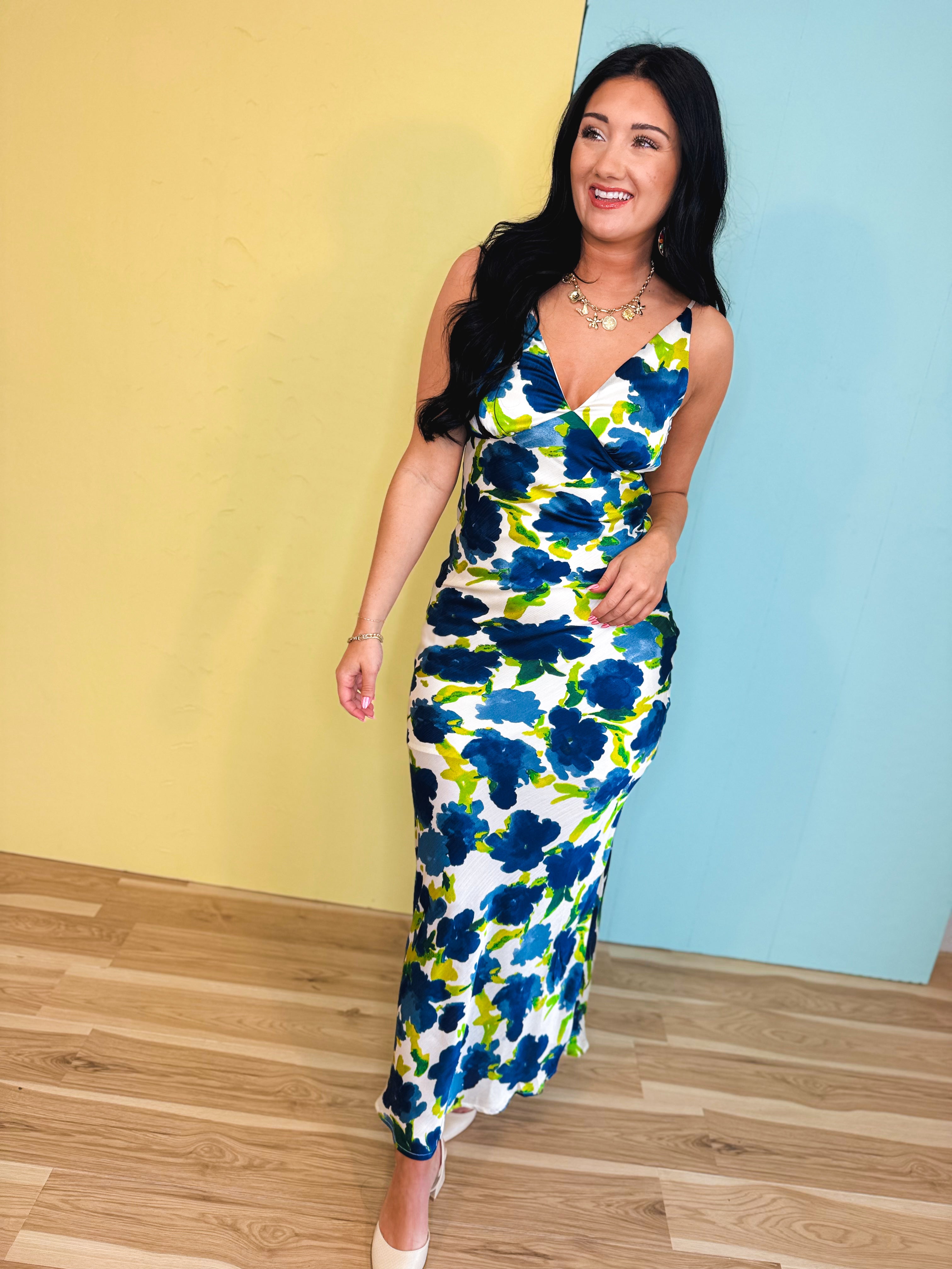 Floral Print Bias-Cut Textured V-Neck Maxi Dress - Blue - Lace and Grace Boutique