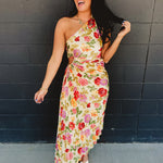 One Shoulder Asymmetrical Pleated Maxi Dress - Garden Multi - Lace and Grace Boutique
