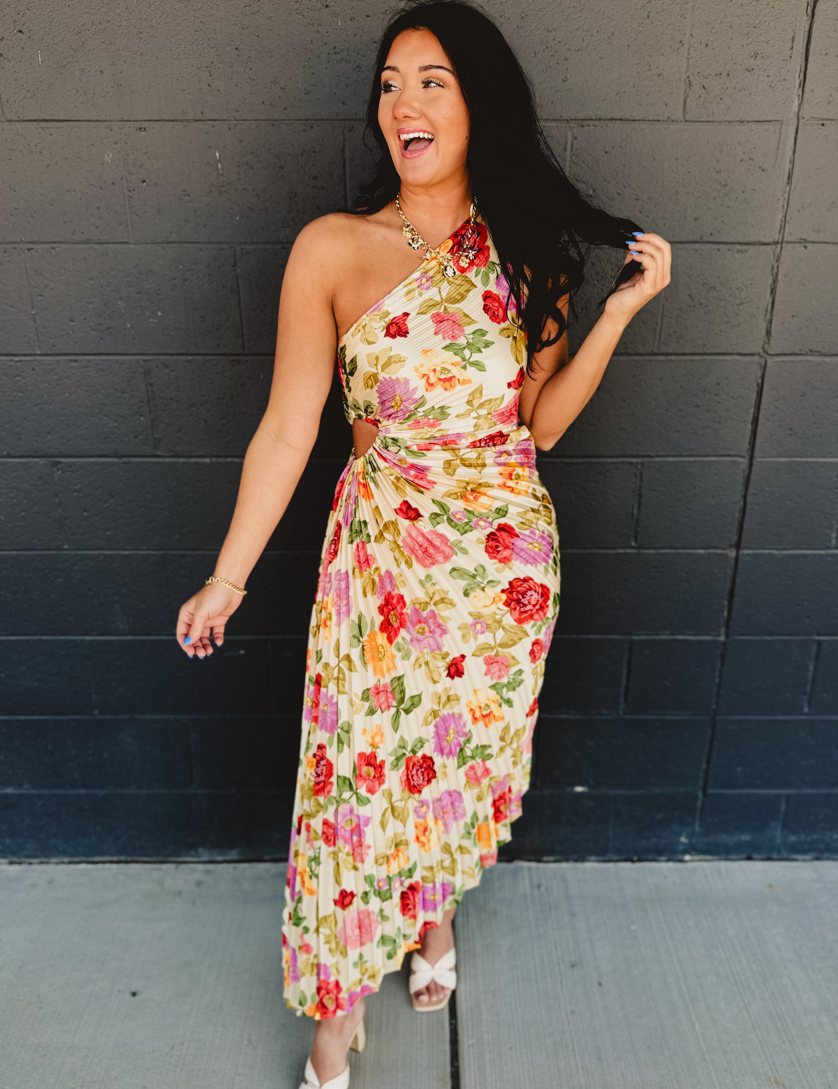 One Shoulder Asymmetrical Pleated Maxi Dress