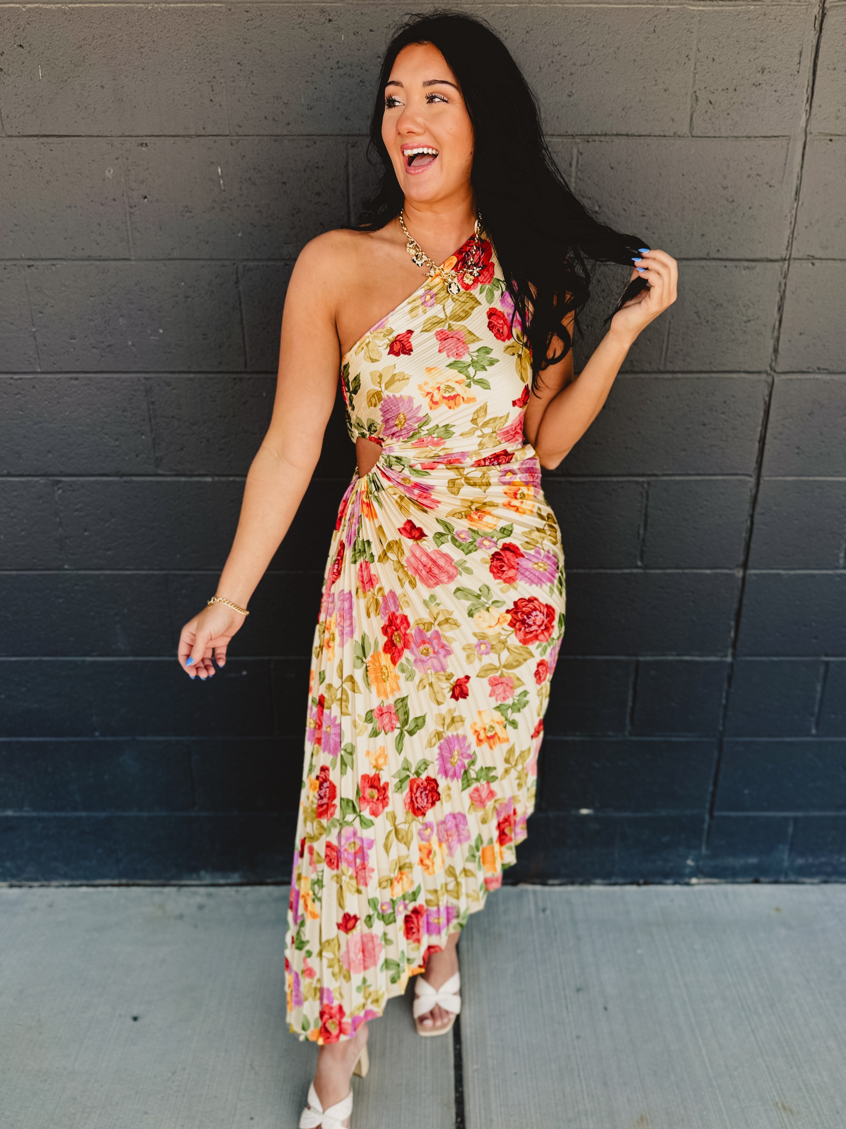 One Shoulder Asymmetrical Pleated Maxi Dress