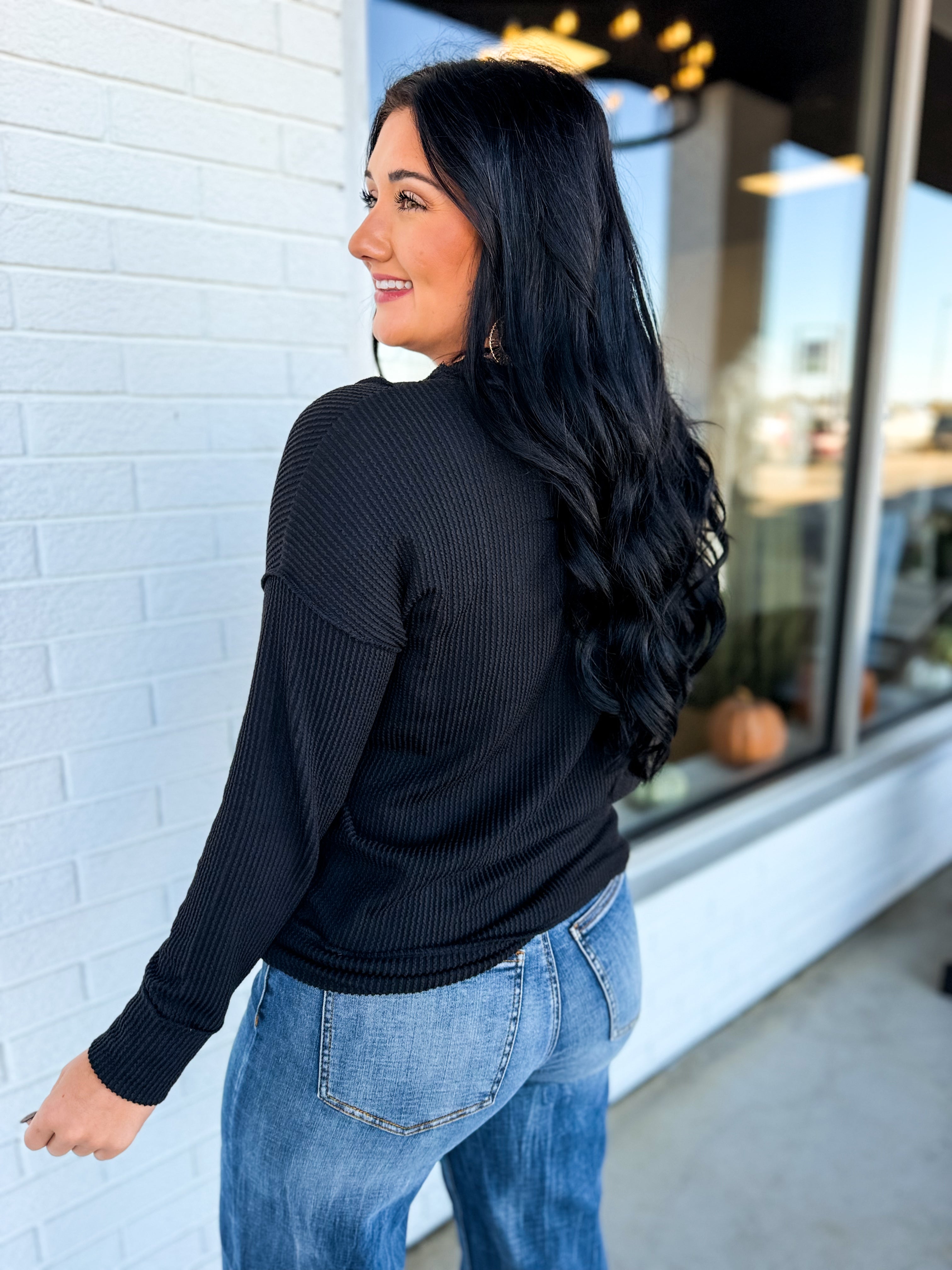 Corded Rib Exposed Seam Pullover Top - Black - Lace and Grace Boutique