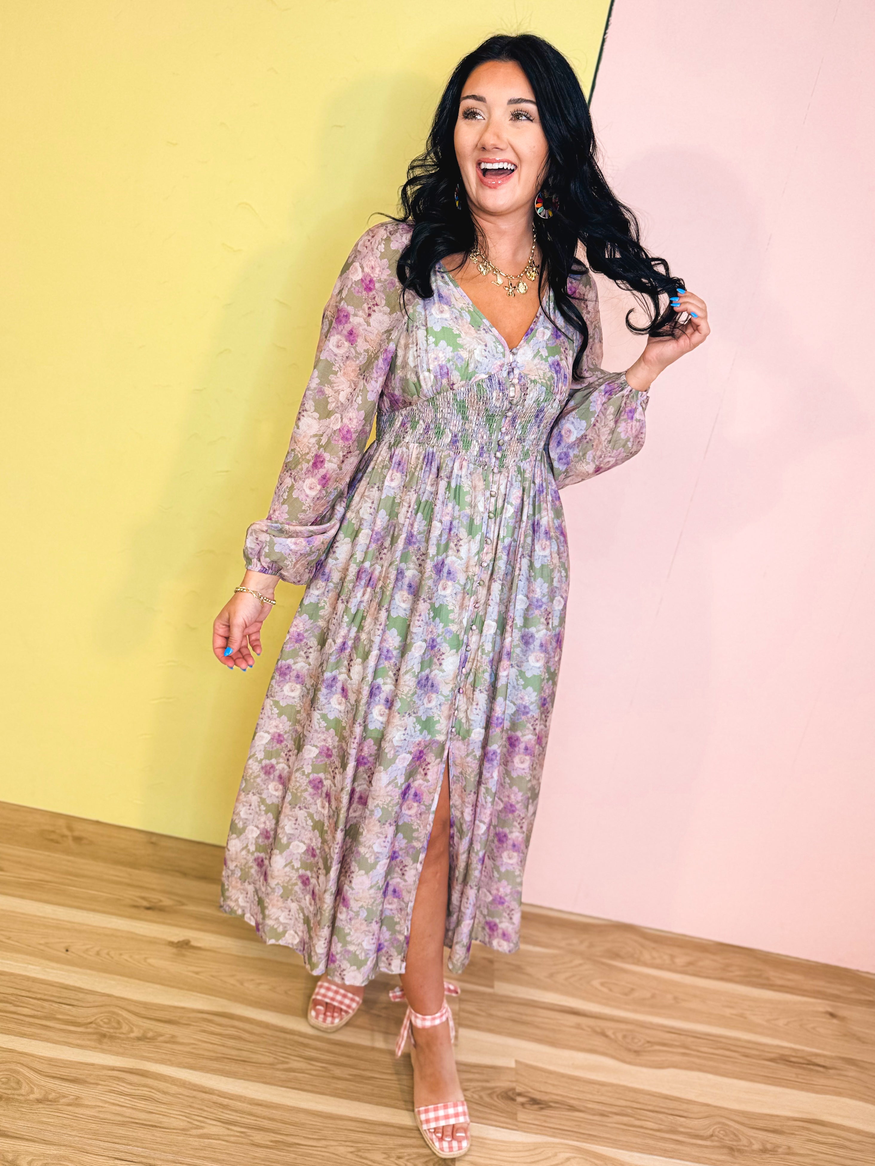 Tencel Floral Smocked Button Down Maxi Dress - Eucalyptus - Lace and Grace Boutique