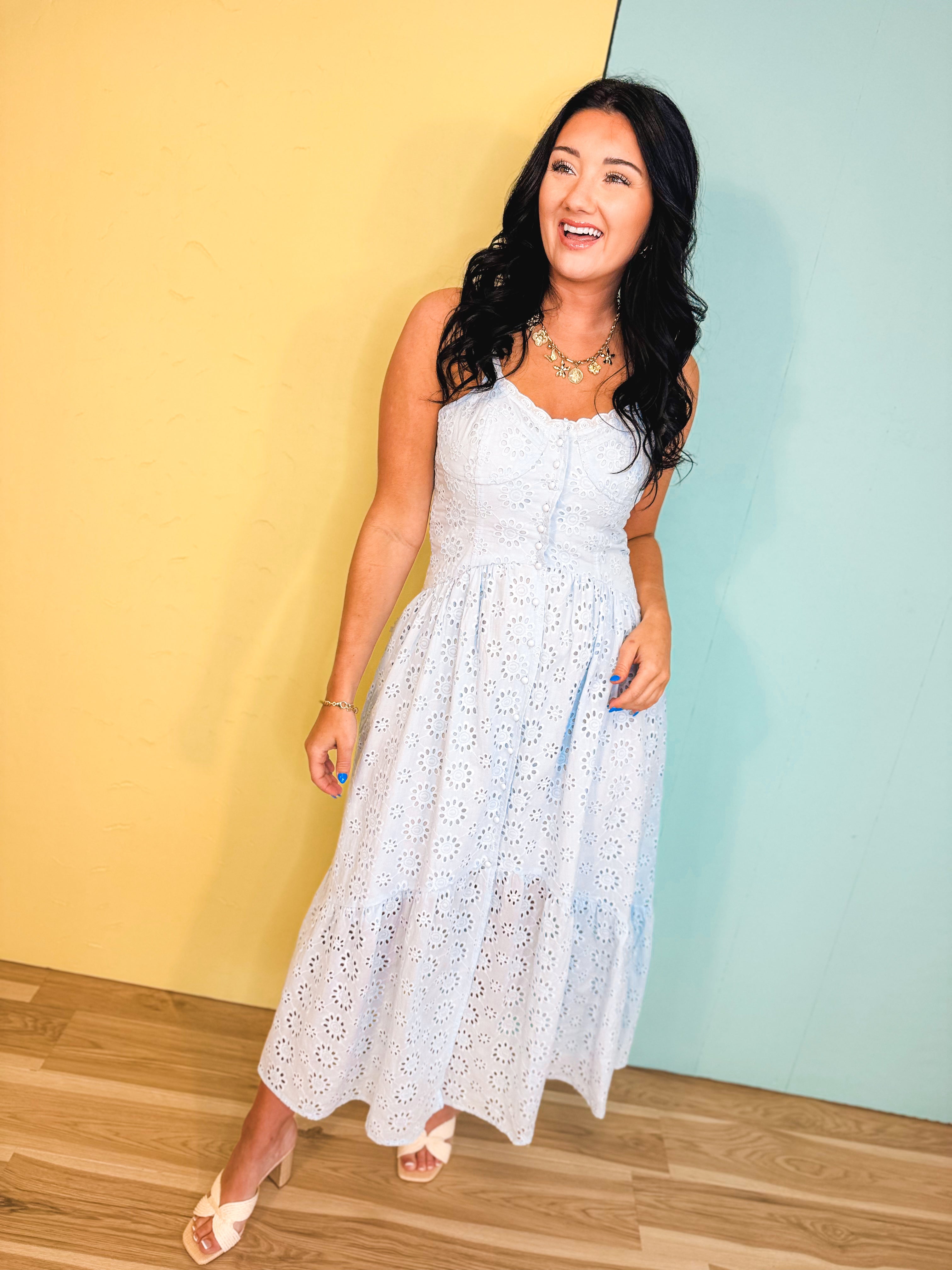 Button Down Eyelet Maxi Dress - Blue Aura - Lace and Grace Boutique
