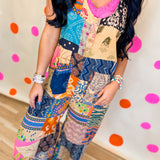 POL V-Neck Patchwork Overalls - Almond Multi