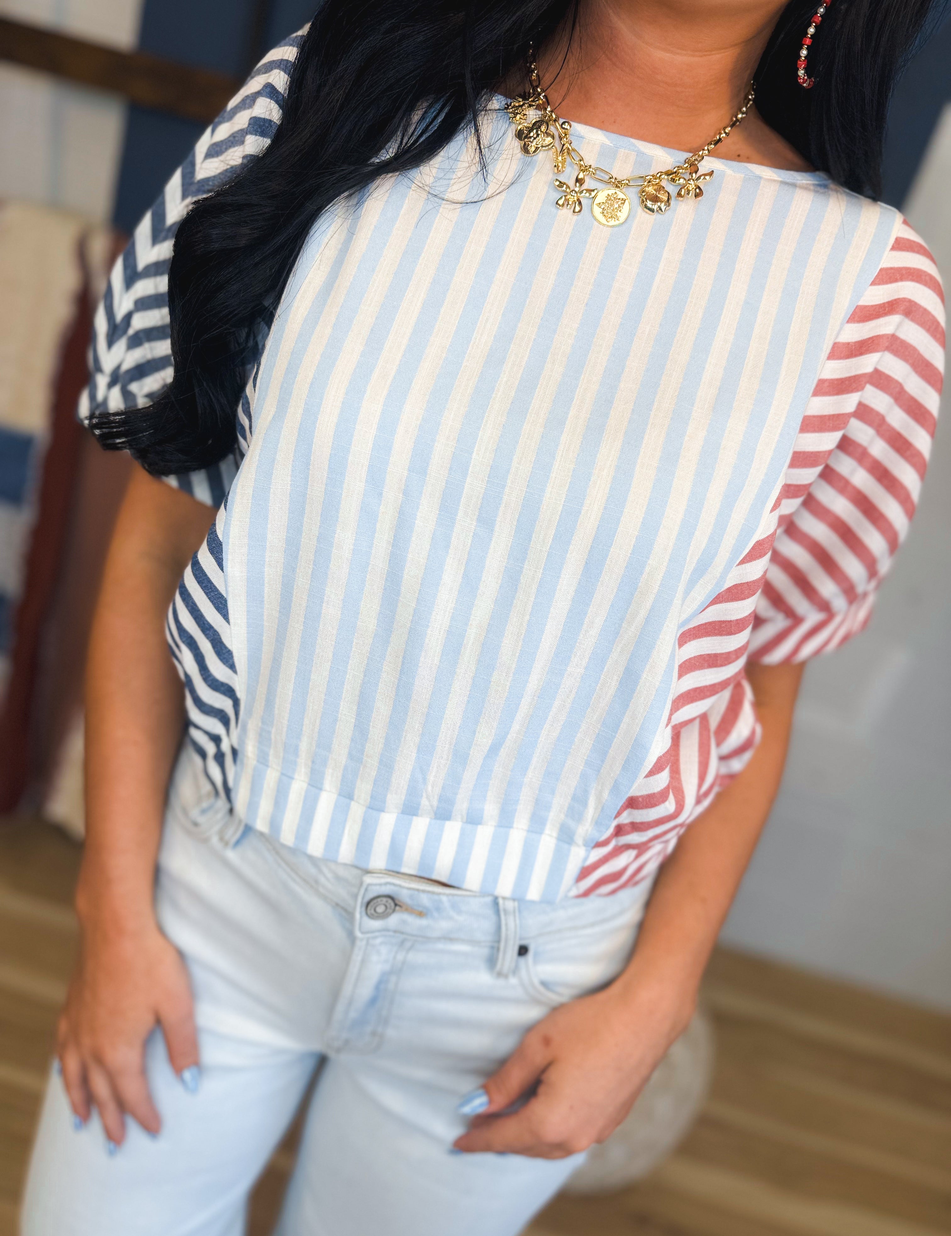 Striped Color Block Blouse - Red/White/Blue - Lace and Grace Boutique