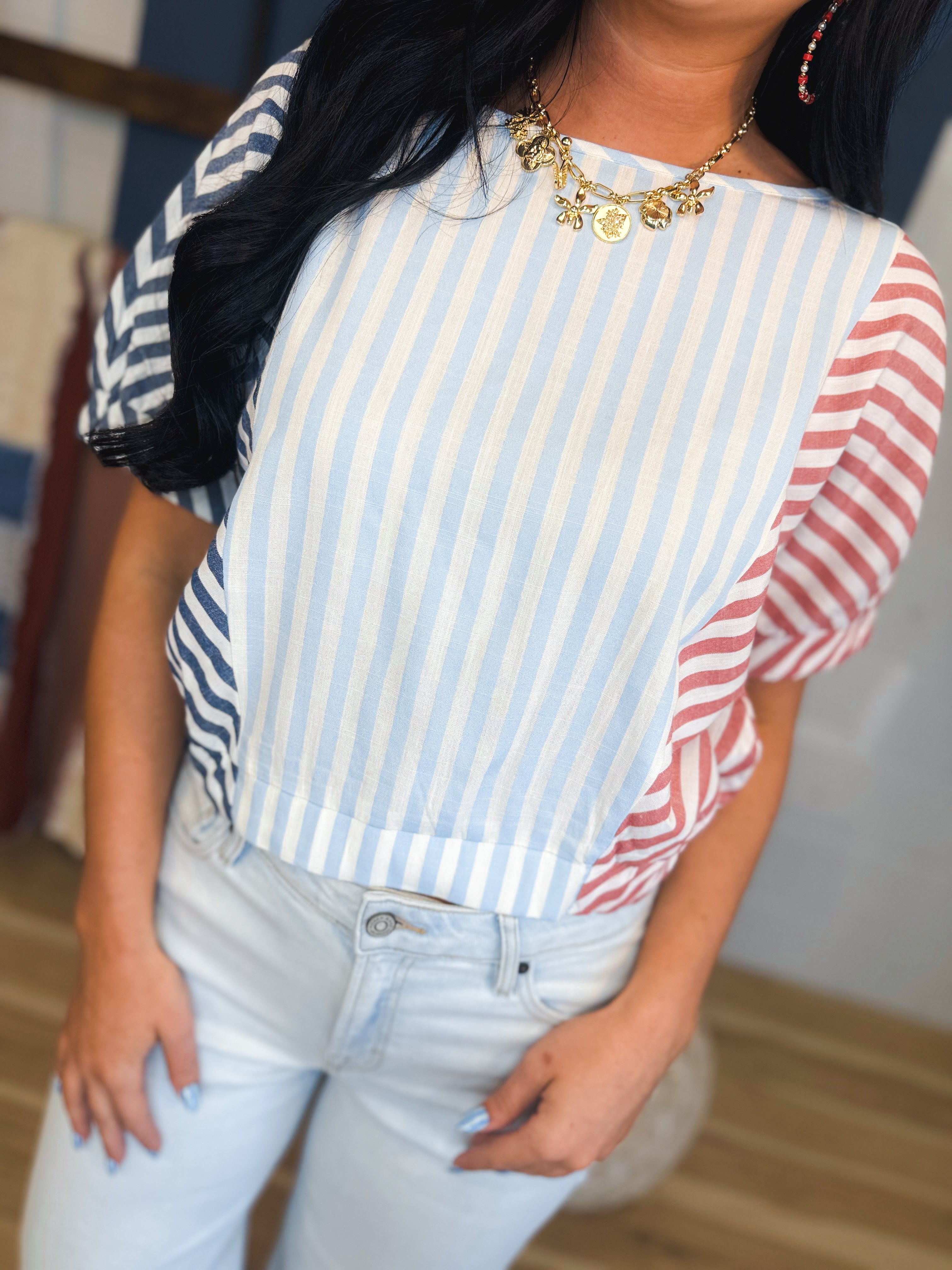 Striped Color Block Blouse - Red/White/Blue - Lace and Grace Boutique