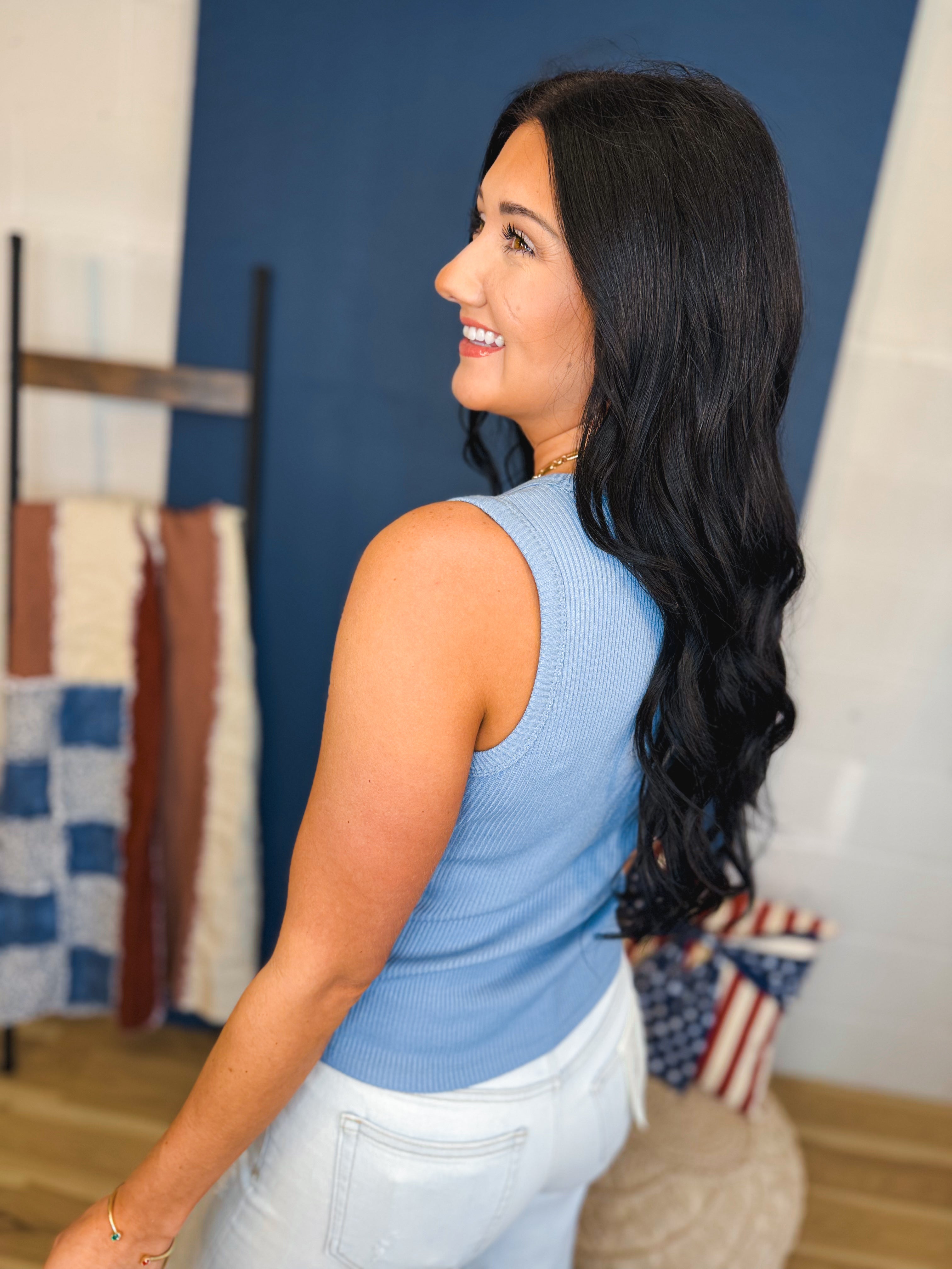 Button Up Ribbed Knit Tank Top - Blue - Lace and Grace Boutique