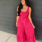 Gingham Smocked Bodice Tiered Maxi Dress - Fuchsia Multi - Lace and Grace Boutique