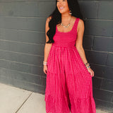 Gingham Smocked Bodice Tiered Maxi Dress - Fuchsia Multi - Lace and Grace Boutique