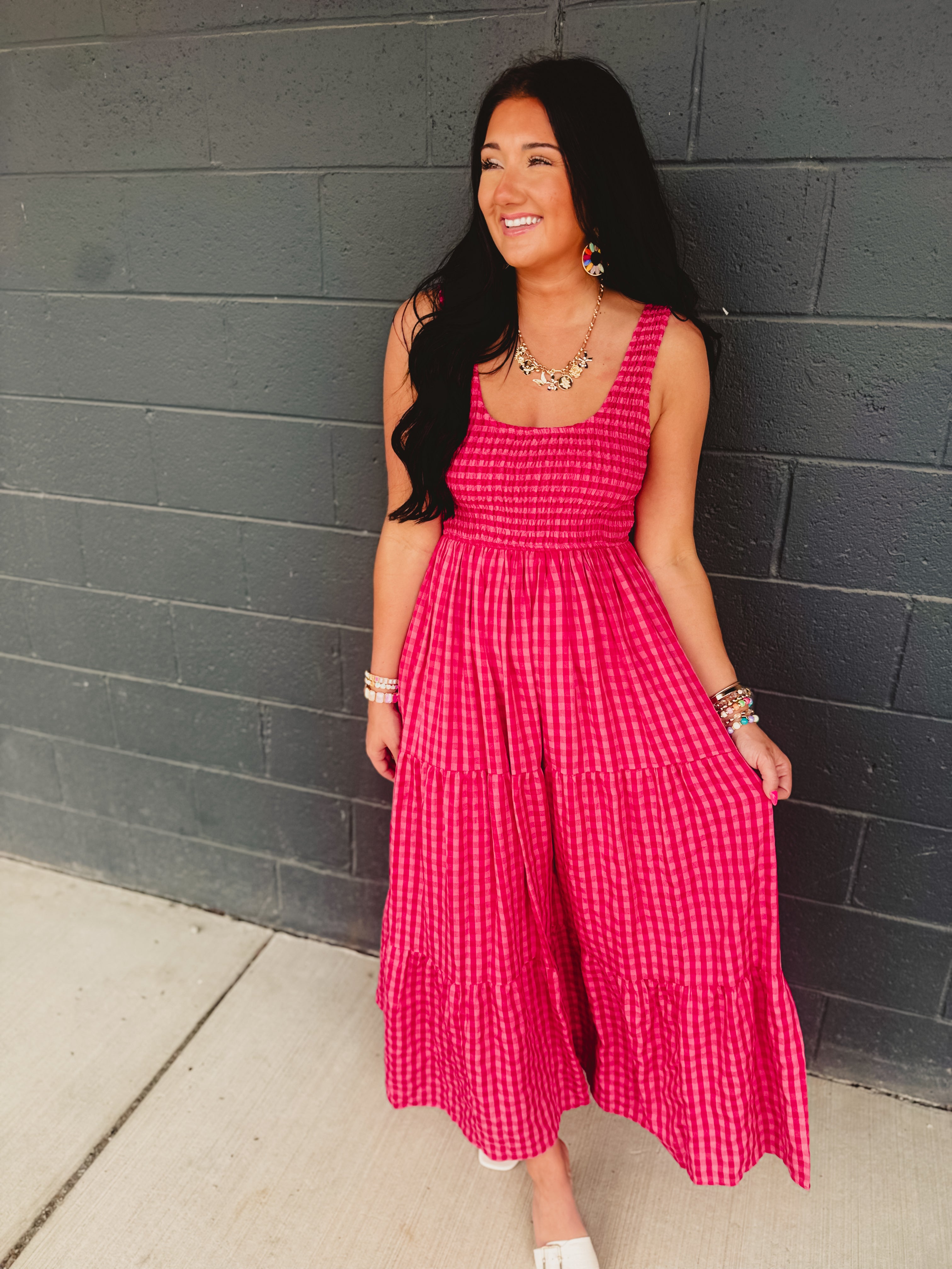 Gingham Smocked Bodice Tiered Maxi Dress - Fuchsia Multi - Lace and Grace Boutique