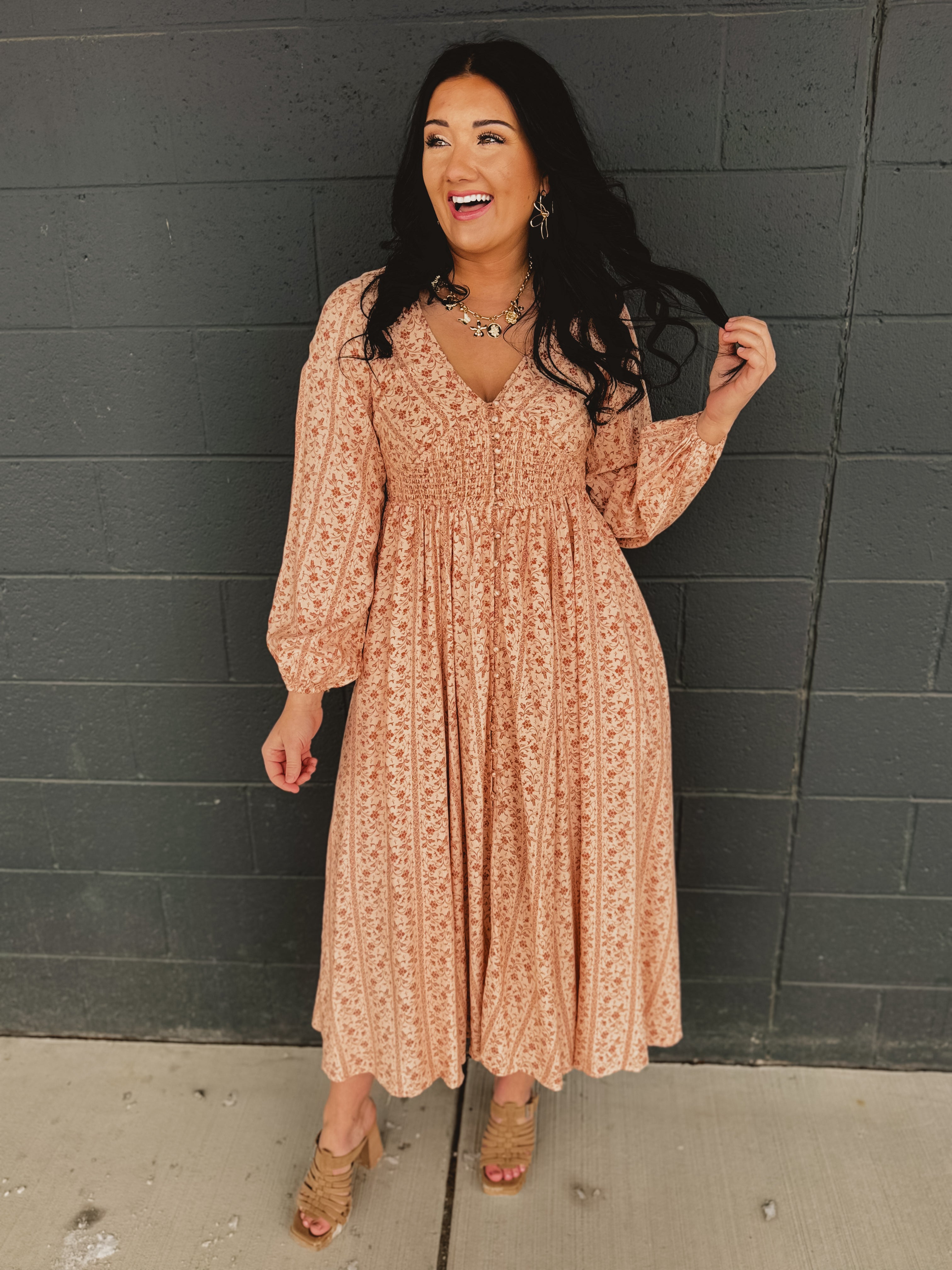 Smocked Button Down Long Sleeve Maxi Dress - Clay - Lace and Grace Boutique