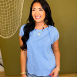 Crochet Sleeve Detail Mineral Washed Top - Blue - Lace and Grace Boutique