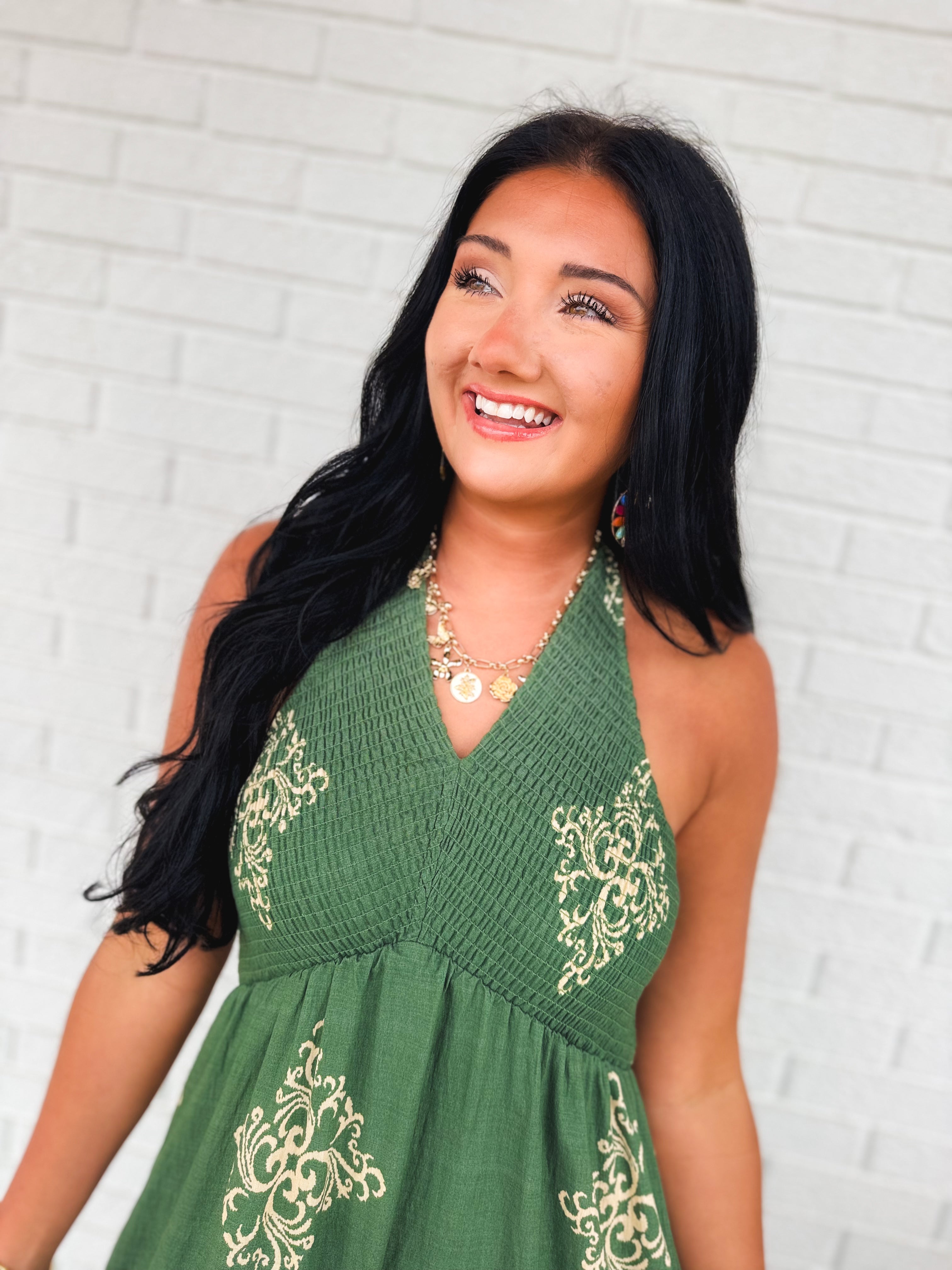 Smocked Border Print Maxi Dress - Rich Teal - Lace and Grace Boutique