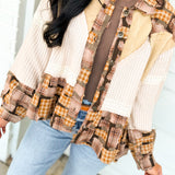 POL Patchwork Plaid & Thermal Knit Button Down Jacket - Almond
