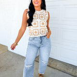 Granny Square Crochet Tank Top - White/Taupe