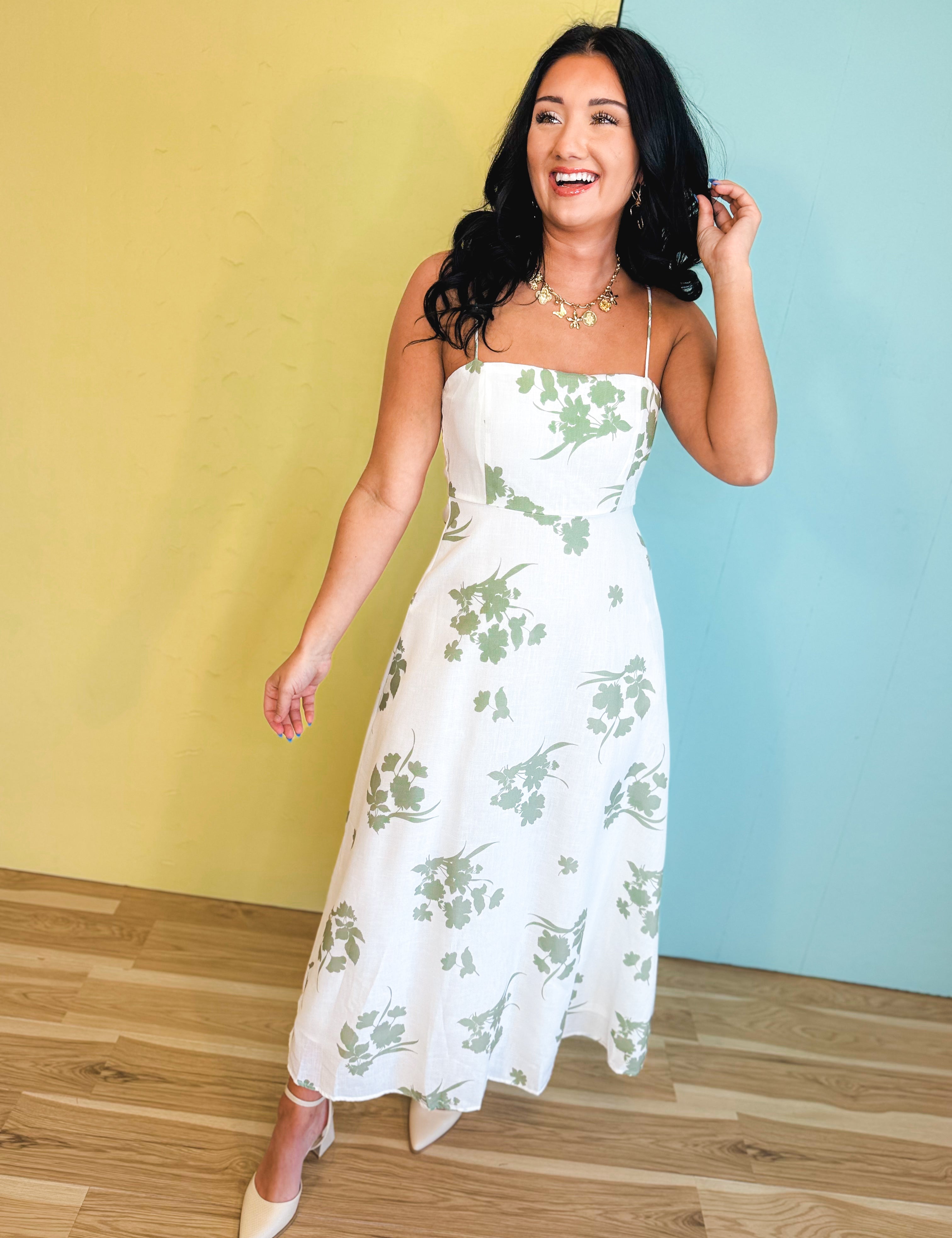 Floral Printed Midi Dress - White/Sage - Lace and Grace Boutique