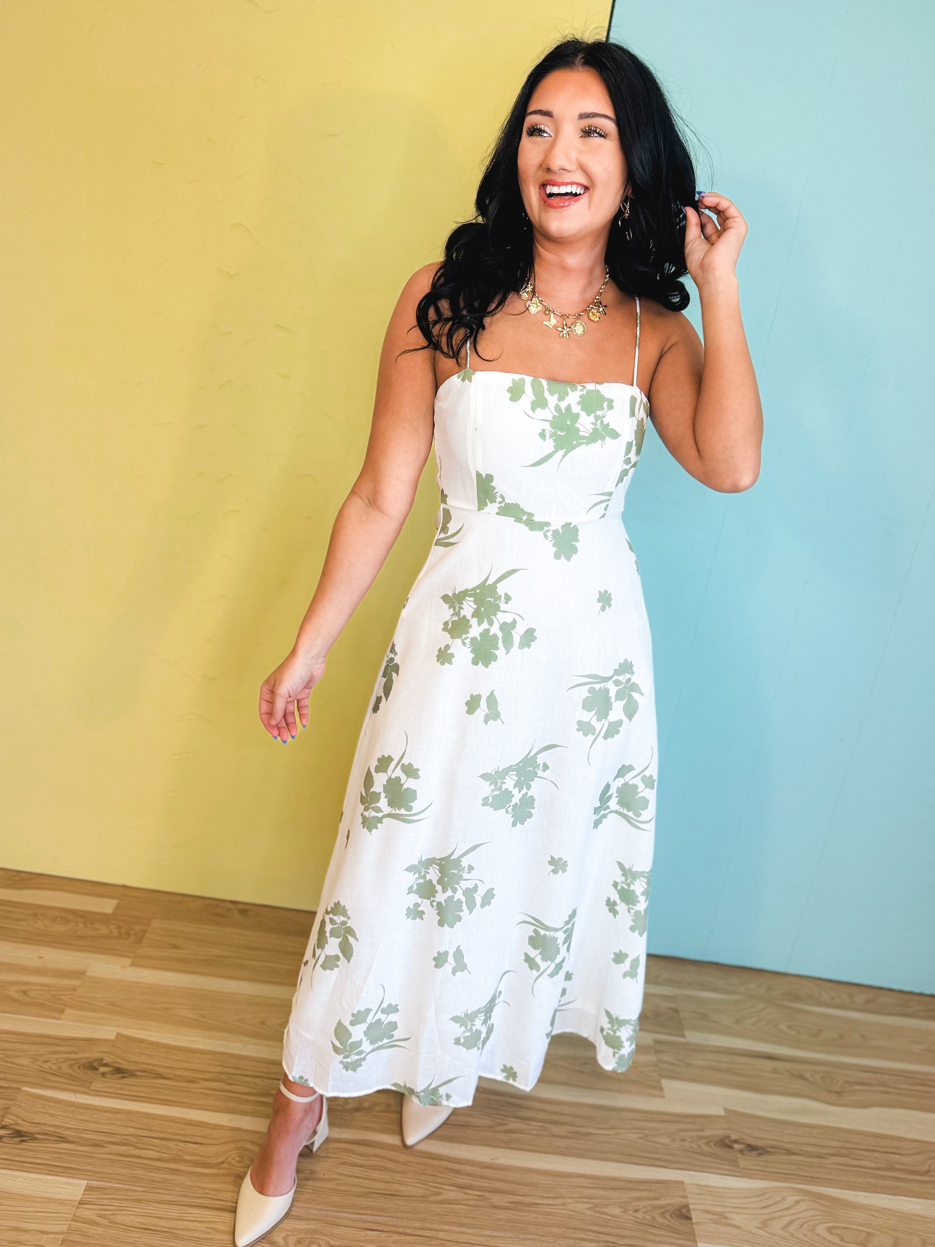 Floral Printed Midi Dress - White/Sage - Lace and Grace Boutique