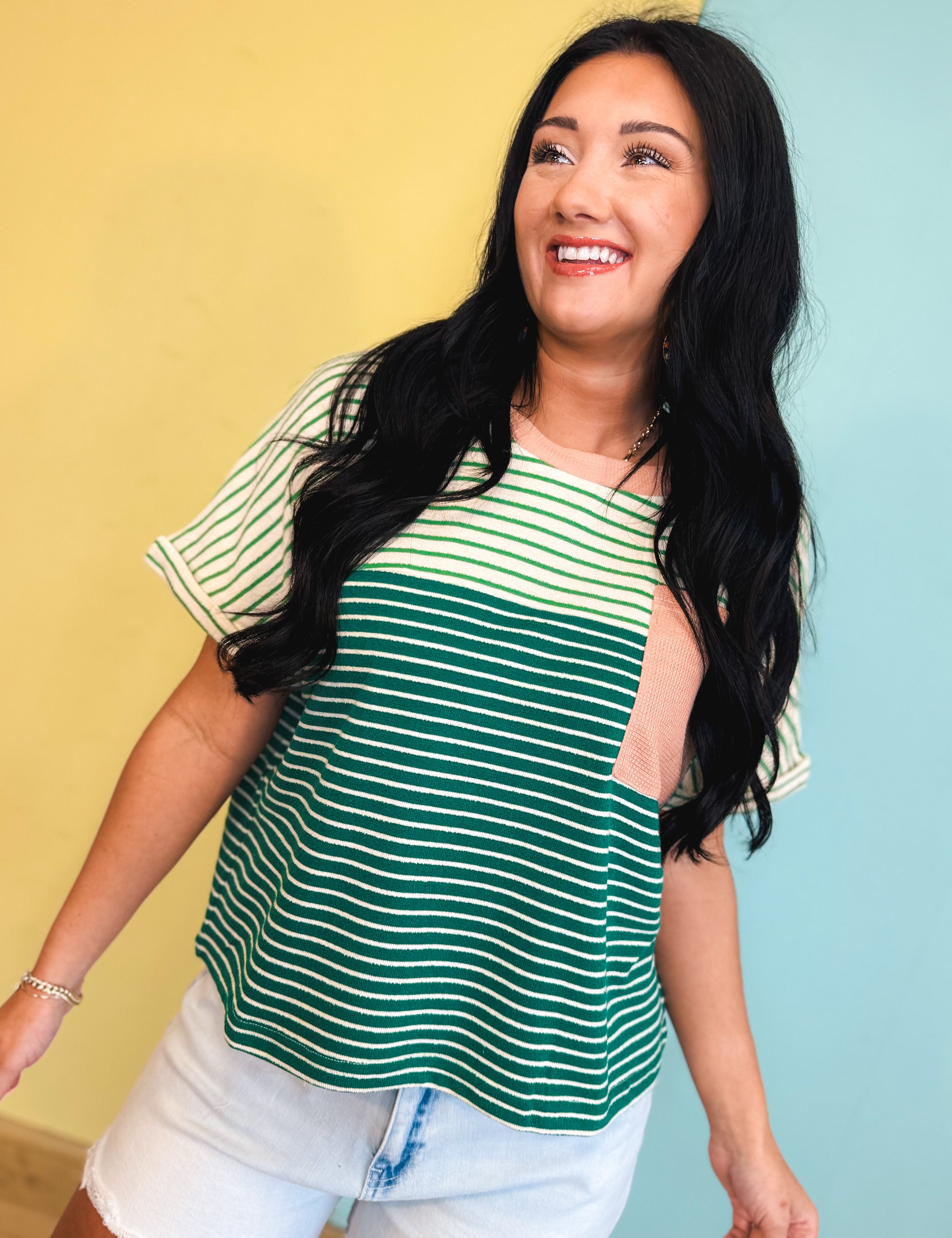 Color Block Striped Top - Peacock Green Combo - Lace and Grace Boutique