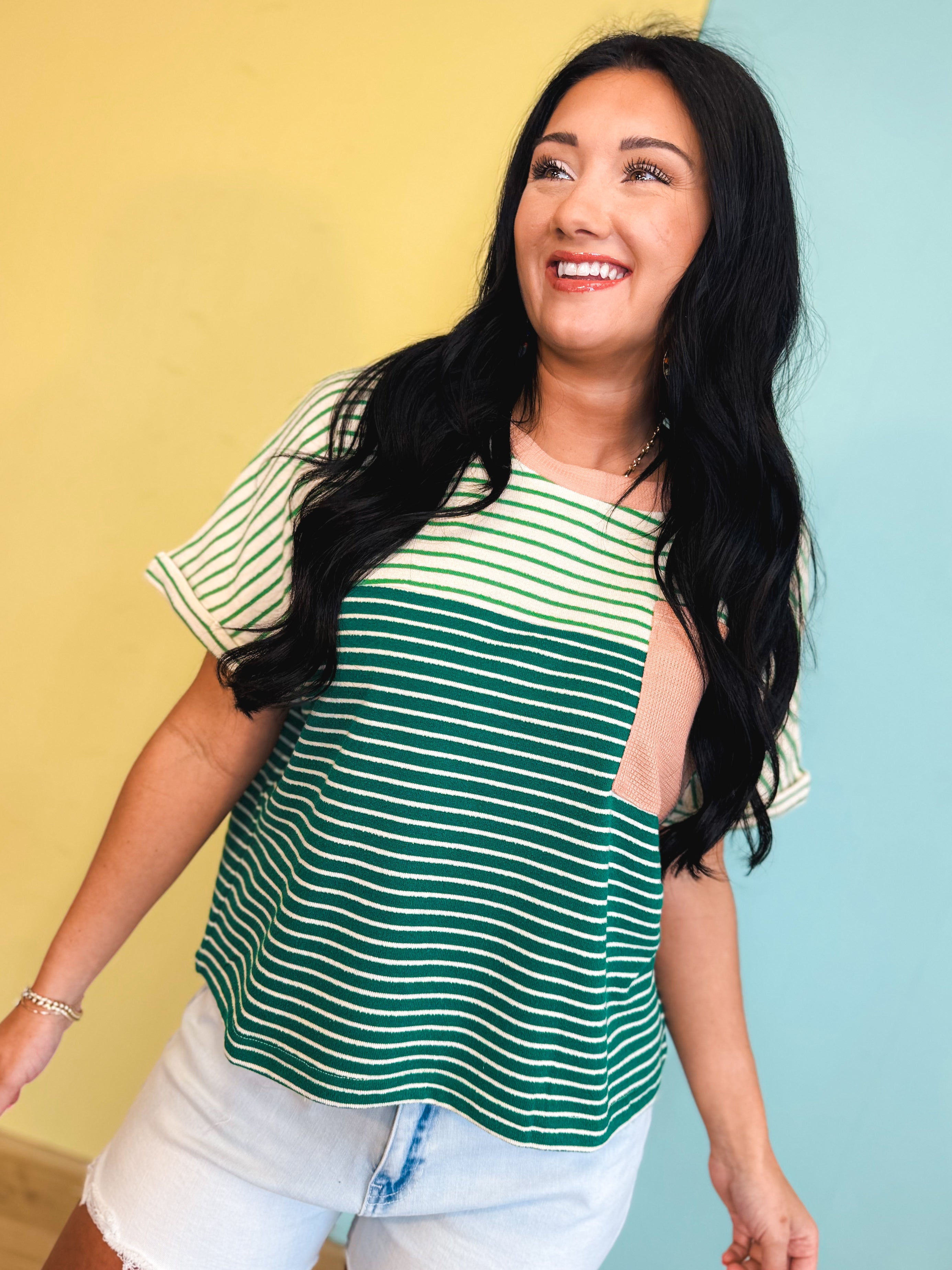 Color Block Striped Top - Peacock Green Combo - Lace and Grace Boutique
