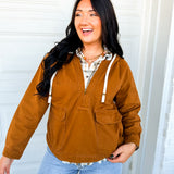 Washed Twill Half Zip Hooded Jacket - Camel