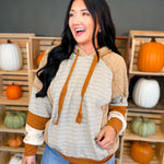 Striped Color Block Quilted Hoodie - Mocha/Taupe - Lace and Grace Boutique